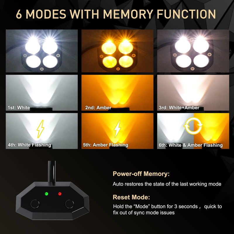 ASLONG 2PCS 3Inch Flood LED White/Amber Flasing Strobe Pods with