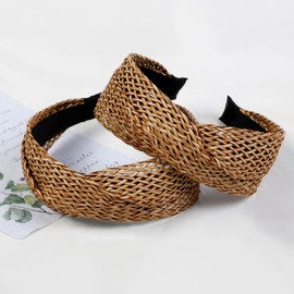 Tobeffect Straw Headbands for Women, 2 Packs Woven Twist Headbands Braided Fashion Boho Hairbands Non Slip Wide Rattan Head Bands Hollowed Hair Accessories