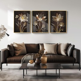 Framed Wall Art, Gold Framed Floral Paintings, Modern Flower Prints Wall Art Set - 3 Piece Minimalist Artwork Pictures Wall Decor for Living Room, Bedroom, Study, Office, Kitchen, Dining Room 12x16 In