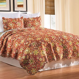 C&F Home Ghisella Floral Vintage 3Pce Machine Washable Cotton Quilt Set Orange (Full/Queen 3 Piece Set, Includes 2 Standard Shams), Versatile for Everyday Use in Various Settings