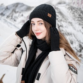 LumiSyne Winter 3 in 1 Hat Scarf Glove Sets for Men Women Chunky Knitted Alpaca Wool Fabric Plain Cable Knitted Hat Long Scarf Touchscreen Gloves Thick Warm Lining, black