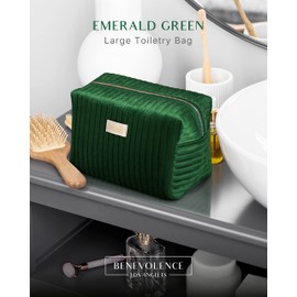 Benevolence LA Plush Velvet Large Makeup Bag for Travel | Large Cosmetic Pouch, Travel Toiletry Bag for Women, Large Capacity Travel Cosmetic Bag, Makeup Bags for Women, Emerald Green