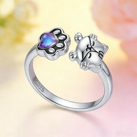 INURAN 925 Sterling Silver Cat Open Rings Moonstone Cute Animal Adjustable Dainty Paw Ring Gifts for Women