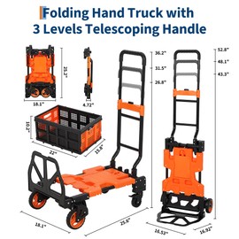 GarveeHome 2-in-1 Folding Hand Truck with Foldable Basket, 330LB Dolly Cart with 2 Bungee Rope, Convertible Folding Hand Cart with 4 Wheels and Retractable Handle for Luggage, Travel, Moving, Office