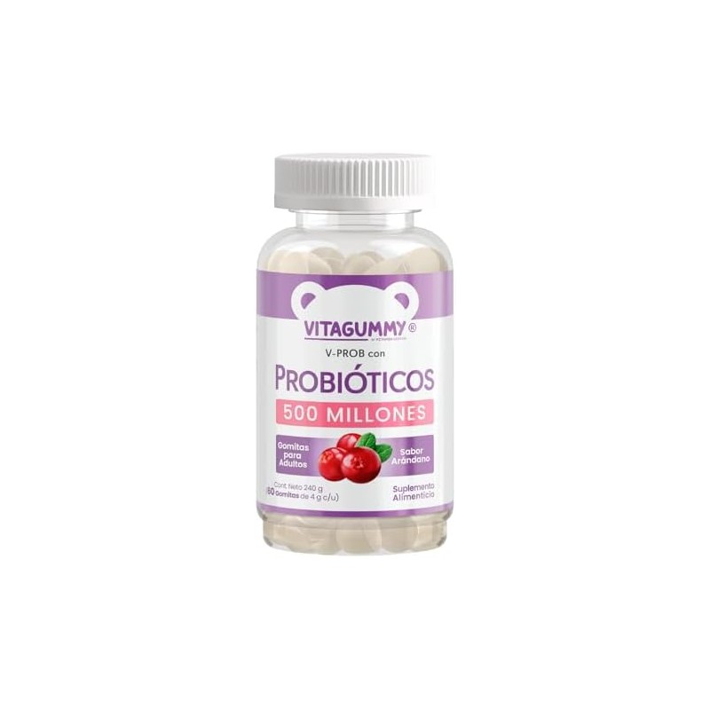Gomitas V-PROB con probioticos sabor arandano, frasco con 60 gomitas