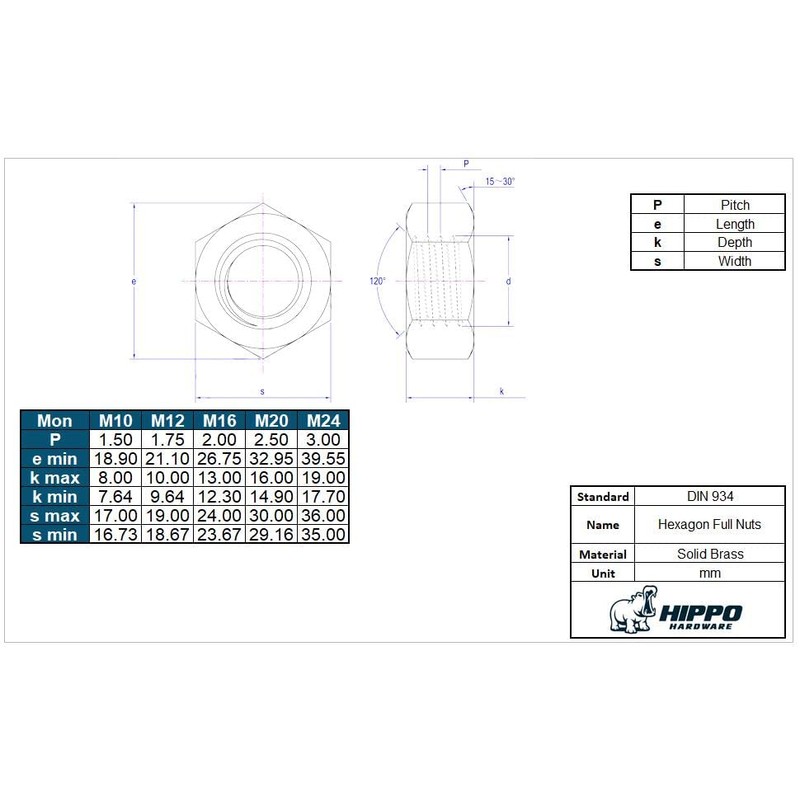 Hippo Hardware M8 (8mm) Solid Brass Hexagon Full Nuts for