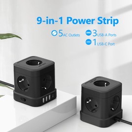 JSVER Steckdosenleiste Würfel USB C, Mehrfachsteckdose Cube 5 Fach mit 4 USB (17W) Steckdosenwürfel Steckerleiste mit Schalter für Büro, zu Hause oder auf Reisen 2m Kabel - Schwarz