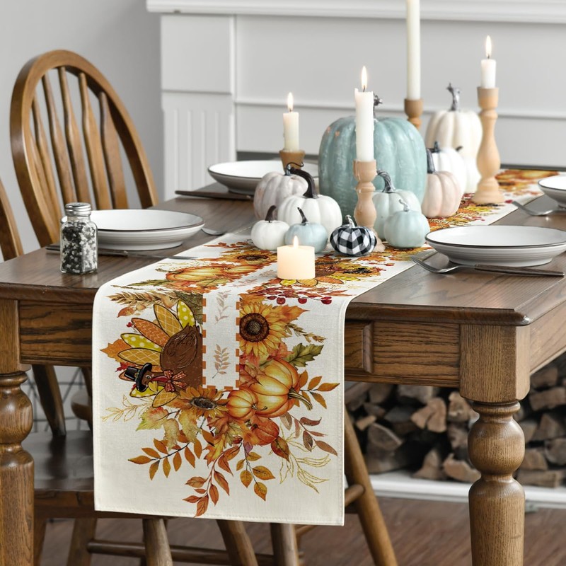 Sunflower Turkey Leaves Thanksgiving Table Runner, Harvest Fall Autumn Kitchen