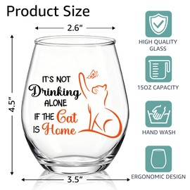 WUUCKOO It's Not Alone If The Cat Is Home Stemless Wine Glass, Funny Housewarming Gifts for Cat Mom Dad, Cats Lover Gifts for Him, Pet Lover Present for Her, Valentines Birthday Present for Cats Owner