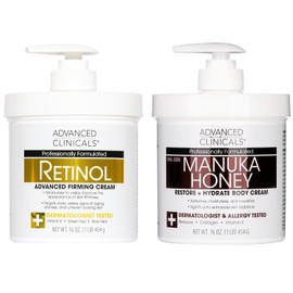 ADVANCED CLINICALS 2 PACK SET - CREMA CORPORAL MIEL DE MANUKA RESTAURADORA CON CERA DE ABEJA, COLAGENO Y VITAMINA E + CREMA CORPORAL RETINOL REAFIRMANTE CON VITAMINA E, TE VERDE Y ALOE VERA 454GR/CU
