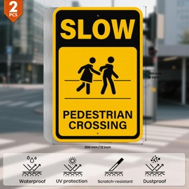 YIKIADA 2 Pack Slow Pedestrian Crossing Sign 18 × 12 Inches High Reflective Waterproof Aluminum Metal Safety Warning Signage with Pre-Drilled Holes for Indoor Outdoor Use