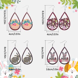 4 Pairs Easter Wooden Earrings, Stylish Colorful Wooden Easter Bunny Egg Dangle Drop Earrings for Women Spring Theme Jewelry Perfect Women Gifts and Decoration Supplies