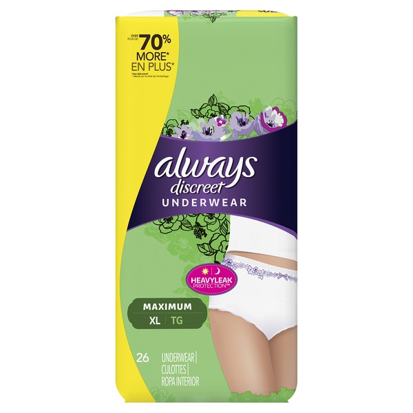 Always Discreet, Incontinence & Postpartum Underwear For Women, Classic Cut, Size Extra-Large, Maximum Absorbency, Disposable, 26 Count