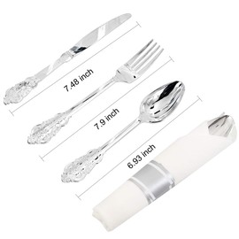 WELLIFE 50 Pack Pre Rolled Napkins with Silver Plastic Cutlery Set, Exquisite Disposable Silverware Includes: 50 Silver Knives, 50 Silver Forks, 50 Silver Spoons, 50 White Napkins