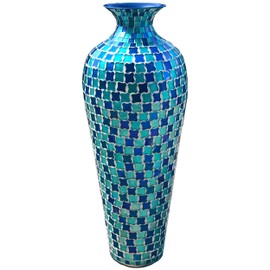 DecorShore Bella Palacio Collection Decorative Mosaic Vase - Tall 20 in. x 6 in. Home Decor Geometric Pattern Metal Floor Vase with Glass Mosaic in Blue & Turquoise Tessellation Pattern
