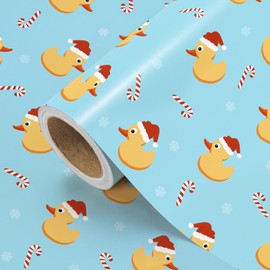 WRAPAHOLIC Duck Christmas Wrapping Paper - Mini Roll - 17 Inch x 16.5 Feet - Santa Hat Duck and Candy Cane Wrapping Paper for Christmas, Holiday, Party Celebration