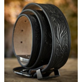 Angus Stoke Buffalo Leather Western Belt - Handmade Cowboy & Western Belt for Men and Women with Belt Buckle, Leather Belt Hand Embossed Jeremy, black