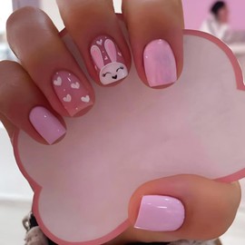 Pink Press on Nails Easter Rabbit Nail press ons Short Square Fake Nails Glossy False Nails with Design Heart Glue on Nails Artificial Acrylic Full Cover Stick on Nails for Women Manicure 24Pcs