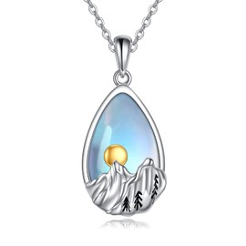 YFN Sterling Silver Moonstone Mountain Pendant Necklace Nature Jewelry Gift for Skiers, Hikers, Campers, Climbers and Nature Lovers, Sterling Silver
