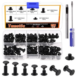 Tanstic 152 Pieces (75 Sets) Chicago Screws Assorted Kit, M5 x 5/6/8/10/12 mm Flat Head Leather Rivets Chicago Screws Binding Screw Posts Nail Rivet with Install Tool for Leather Crafts (Black)