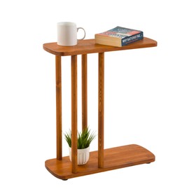 FURNIREM C-Shaped Solid Wood End Table, Side Table for Couches, Sofa Tables Slide Under Couch for Living Room, Over Couch TV Tray Table for Small Spaces Style Wooden (Mahogany, Medium)