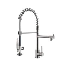 FLG Brushed Nickel Kitchen Faucet Single Handle Spring Faucet with Pull Down Sprayer Water Tap Mixer Desk MountedColor: balck with gold, Surface Finishing: Stainless Steel