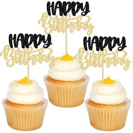 Gyufise 24Pcs Happy Birthday Cupcake Toppers Glitter Double Layer Birthday Cupcake Picks for Celebrating Baby Shower Kids Boys Girls Birthday Anniversary Party Decorations Supplies Black Gold