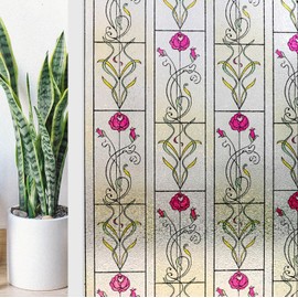 KESPEN WINDOW FILMS Window Privacy Film Stained Glass Frosted Glass Films Decorative Window Film with Rose Flower Static Cling Non-Adhesive Glass Stickers Heat Control for Home, 47.2 Inch X 6.5 Feet