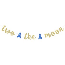 Gold Glittery Two The Moon Banner for Second Birthday Party Garland Photo Props Kid¡®s Aerospace Theme 2nd Birthday Decorations - with Two Blue Rocket Signs
