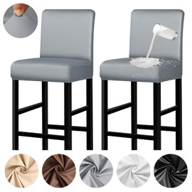 Lebaley 2 Pack Bar Stool Covers with Backs Waterproof Stretch PU Leather Bar Stool Seat Covers Slipcovers for Counter Height Chairs 14"-17" Wide, Removable & Washable for Kitchen Pub Cafe (Grey)