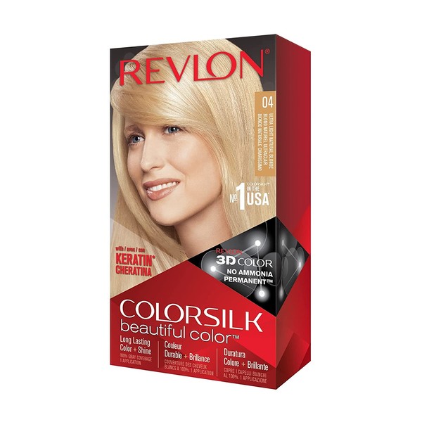 REVLON Colorsilk Beautiful Color Permanent Hair Color with 3D Gel Technology & Keratin, 100% Gray Coverage Hair Dye, 04 Ultra Light Natural Blonde