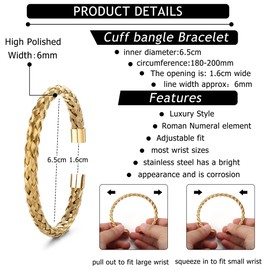 JeweBella 3 Piece Bangle Men's Stainless Steel Luxury Roman Numeral Bangle Adjustable Open Cuff Bangle Bracelet Set Silver/Gold/Black, Stainless Steel