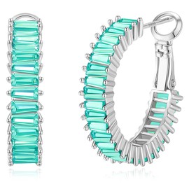 GLOQUAT Silver Turquoise Hoop Earring 14K Gold Plated Teal Aqua Blue Hoop Earrings for Women Cubic Zirconia Hoop Earrings Fashion Round Circle Hoops Earrings for Women Silver Post Jewelry 25mm
