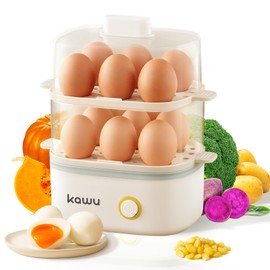 Kawu Egg Cooker, 12 Eggs Electric Egg Boiler with Anti-scalding Handle, 2-layer Smart Rapid Egg Cooker, One Button, Auto Shut-off, Safety Lock Small Breakfast Machine for RV, Travel, Home, Kictchen