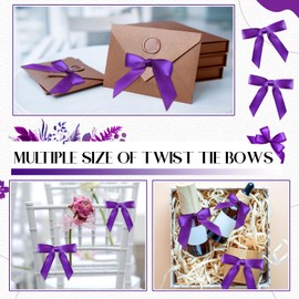 Wavwavw 100 Pcs Satin Ribbon Twist Tie Bow, 1.5"/2.5"/3.5" Mini Pre-Tied Twist Tie Bows Craft Bows for Gift Wrapping Treat Bags Crafts Wedding Graduation Birthday Party Baby Shower Decorations(Purple)