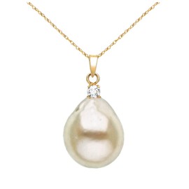 White Baroque Freshwater Cultured 12-14mm Pearl 1/20cttw Diamond Pendant Necklace 14K Yellow Gold