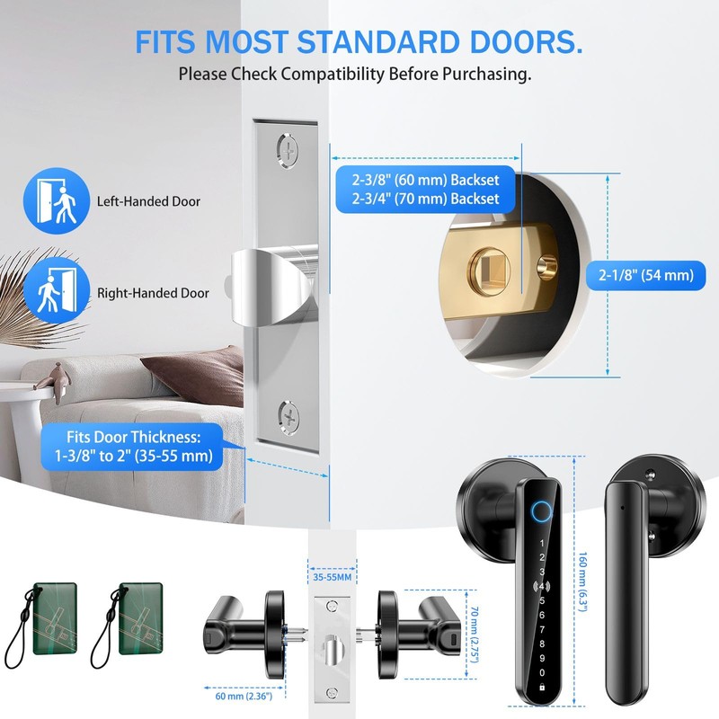 Fingerprint Door Lock - Smart Door Handle with Keypad, Biometric