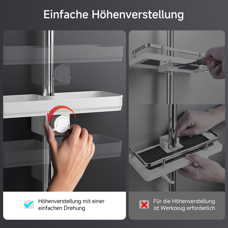 Rainsworth Shower Shelf, No Drilling, White, Tool-Free Installation, Height-Adjustable Shower