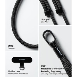 Ringke Holder Link Flow Adjustable Shoulder Y-Type Strap with Patch, Universal Detachable Cell Phone Crossbody Neck Lanyard for Most Smartphone Cases - Calm Black