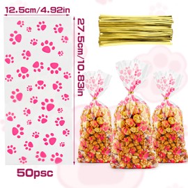 FUNCANDLE 50 Pieces Pet Paw Pattern Cone Treat Bags,Heat Sealable Candy Bags with 50 Silver Twist Ties for Pet Party Favors Supplies(Pink