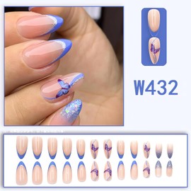 French Tip Press on Nails Short Almond Blue Fake Nails with Butterfly Designs Glitter Spring False Nails Blue Gel Acrylic Nails French Glue on Nails Glossy Full Cover Stick on Nails for Women 24Pcs