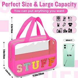 Bolsa de maquillaje transparente con letras de chenilla, bolsa de maquillaje preparada con asa, STUFF-Rosa