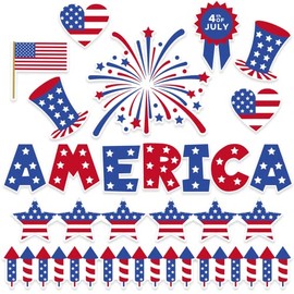 NBjiuyin 56 Pieces 4th of July Bulletin Board Decor Paper Cut-Outs American Flag Patriotic Red Blue White Cartoon Accents Paper Wall Decals for Independence Day School Classroom Decorations (America)