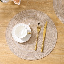SHACOS SHACOS Round Braided Placemats Set of 8 Cotton Fabric Round Table Mats Non Slip Washable 15 inch Round Place Mats (Beige, 8)