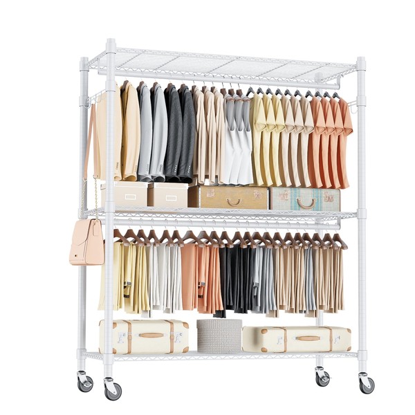 Homdox 3 Tier Garment Rack with Wheels, Portable Closets for