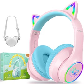 LOBKIN - Auriculares Bluetooth para niños, inalámbricos con micrófono de 50 Horas, Luces LED Coloridas, Cable AUX de 94 dB, Volumen Seguro, diseño Plegable Limitado, para niños, niñas, Viajes,
