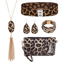 UNICRAFTALE 6Pcs Leopard Print Jewelry Set Boho Leopard Necklace Teardrop Earrings Multi Layered Bracelets Clutch Purse Belt Winter Stylish Jewelry Christmas Gift for Women