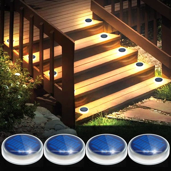 YiLaie LED Solar Deck Lights, Round Step Lights with Waterproof, Auto ON/Off Stick on Solor Powered Stair Lights for Outdoor, Garden, Patio, Concrete Pathway,Walkway, Driveway(4 Pack)