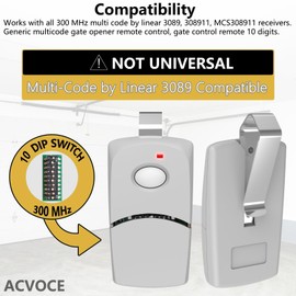 Garage Door Opener Remote for Linear Multi-Code 3089 308911 MCS308911 Multi Code Gate Opener Remote Clicker Replacement, 10 dip Switch 300MHz
