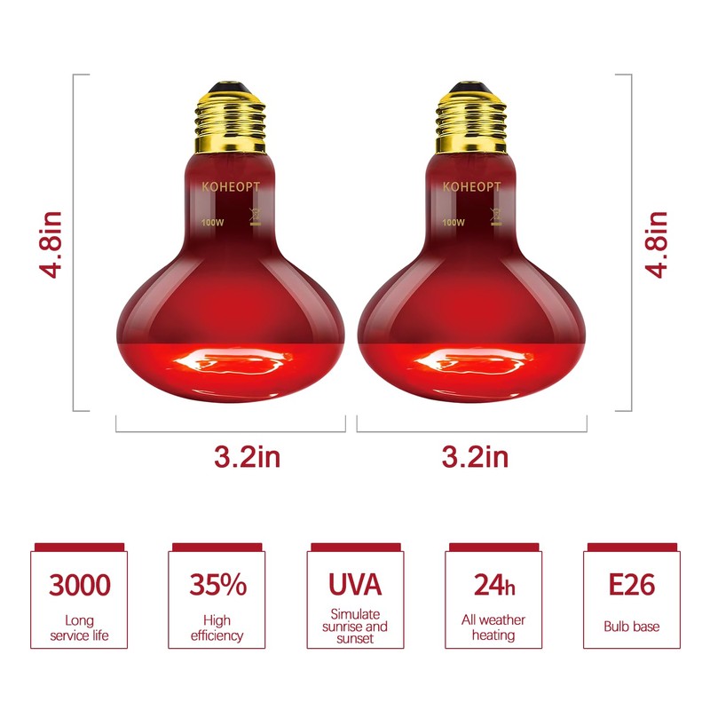 KOHEOPT Infrared Heat Lamp 100W,（2 Pack） Reptile Heat Emitter Infrared